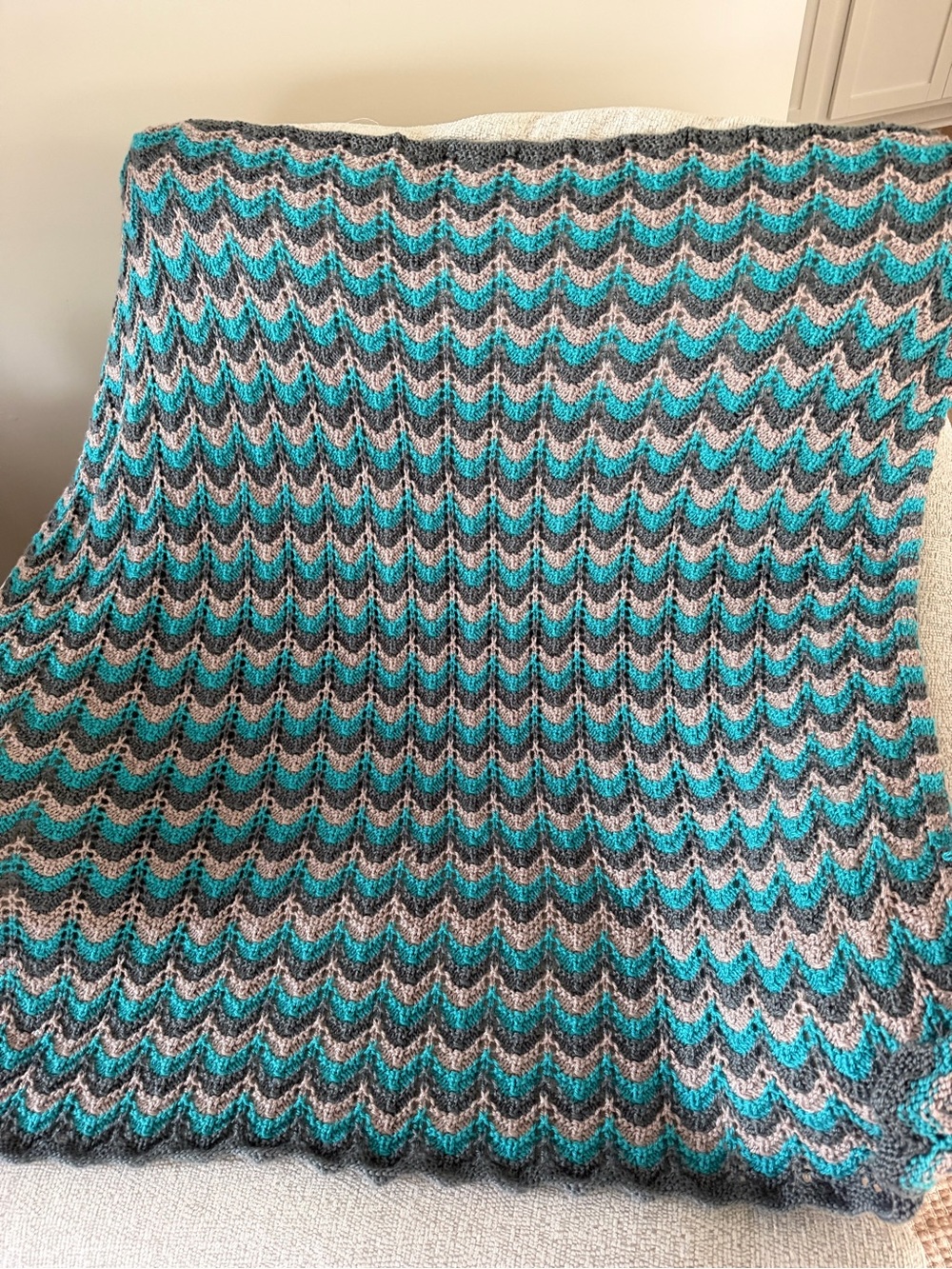 Handmade Chevron Knit Sweater in Teal, Gray & White